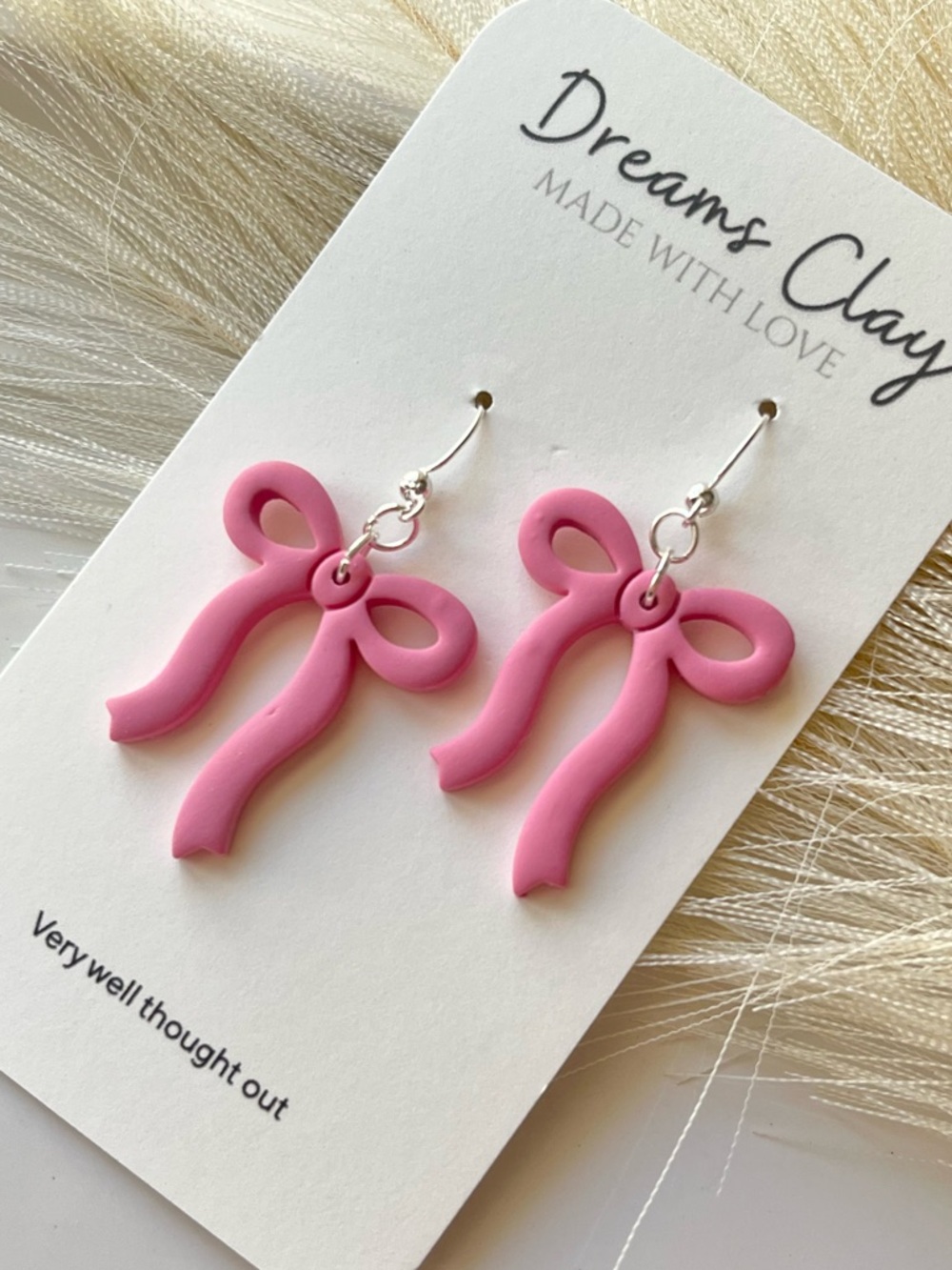 Dreams Clay Pink Bow Dangle Earrings
